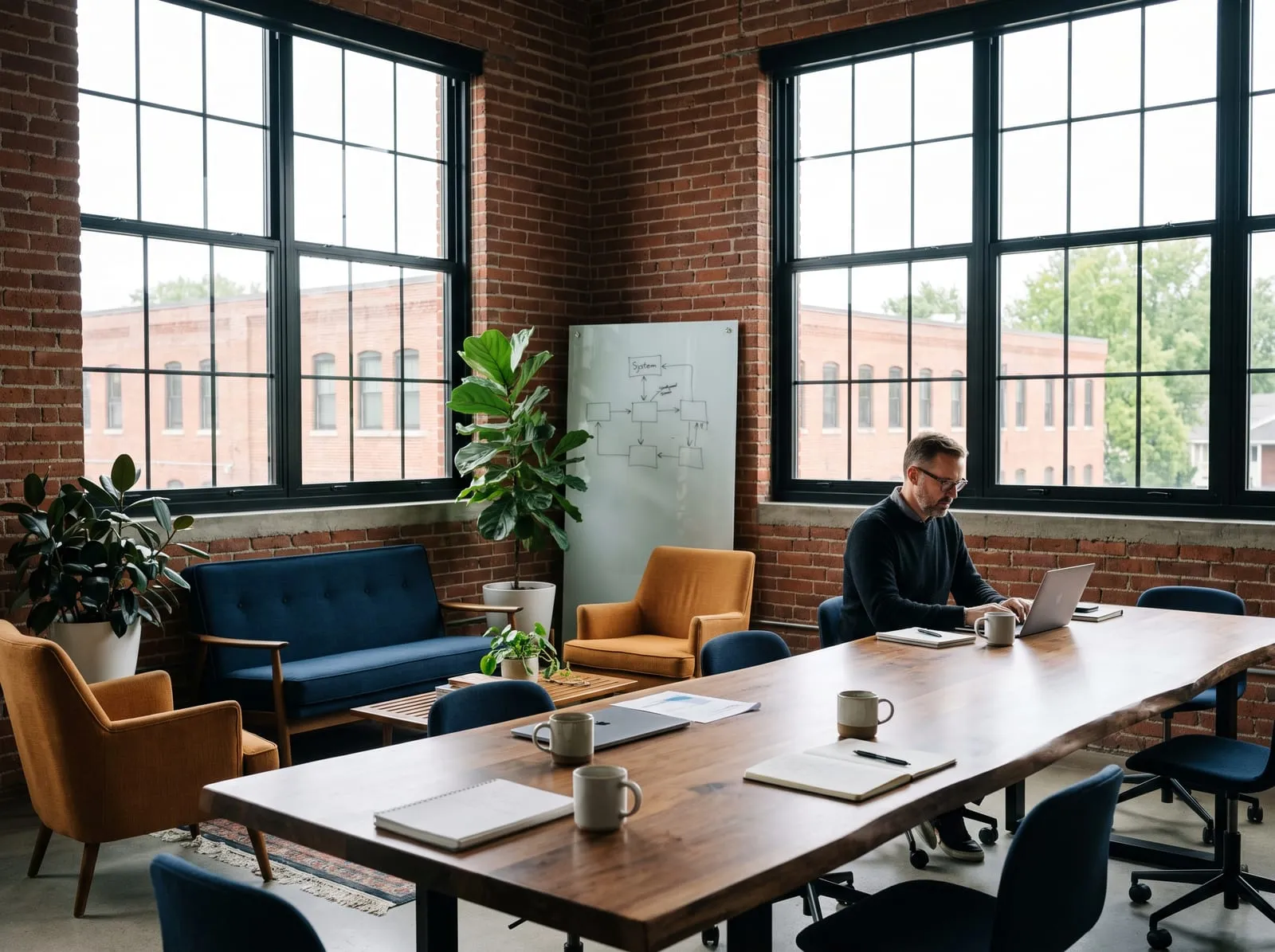 A brick loft office with a long work table, where one person works at a laptop beside a system diagram