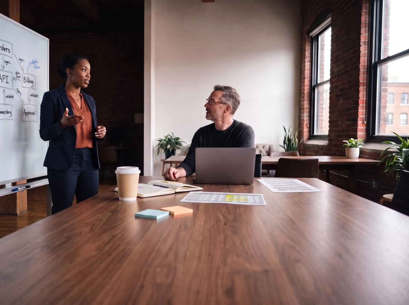 An architect walking a colleague through a system diagram during a working session